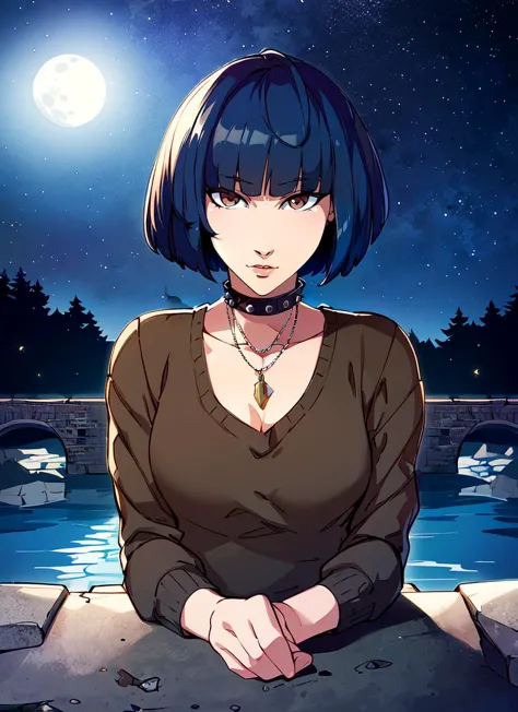 ((best quality)), ((highly detailed)), masterpiece, absurdres, (detailed eyes, deep eyes), (1girl), full body, <lora:taeTakemiPersona5_v10:1>, Tae Takemi, dark blue hair, short hair, bob-cut, blunt bangs, (brown eyes), necklace, studded collar, (at a stone bridge, midnight, night sky, stars, broken moon), <lora:Owler [MockAi - v1.0]:.8>, owler, wide hips