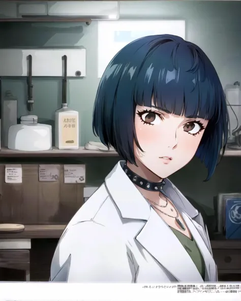 ((best quality)), ((highly detailed)), masterpiece, ((official art)), detailed face, beautiful face, (detailed eyes, deep eyes), (1girl), <lora:taeTakemiPersona5_v10:.9>, Tae Takemi, dark blue hair, short hair, bob-cut, blunt bangs, (brown eyes), necklace, studded collar, ((labcoat)), <lora:neocoillArtistStyle_v10:.5>, neocoill