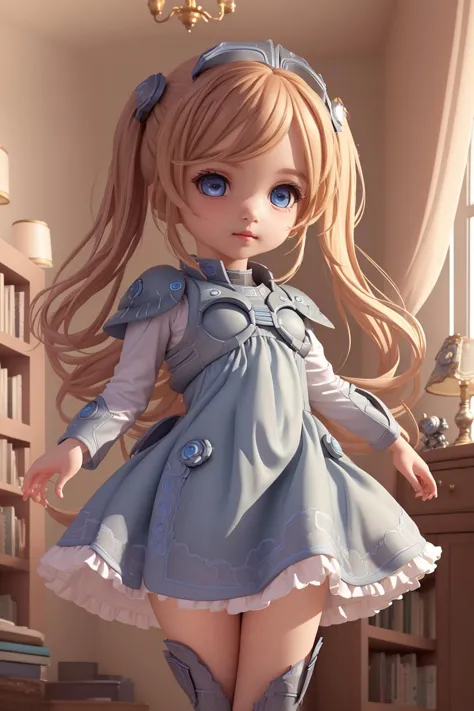 (masterpiece, best quality:1.2),  chibi, cute,  a girl, starcraft_nova, (inquisitive eyes), (detailed eyes:1.2),  in a big girl's bedroom,  frilled dress,  arms behind back, books on shelves, <lora:blindbox_V1Mix:1>,  <lora:starcraft_nova:1>,