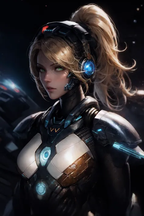 absurdres, [perfect shadows, masterpiece, attentive, high quality, detailed, extremely detailed, 4K, high definition, intricate, cinematic, 8k, ultra quality, 8K UHD,official art, illustration, 1girl, mature female, aged_up, solo, (upper-body:1.3), looks at the viewer, starcraft, nova starcraft, nova, <lora:NovaV2:0.6>,  NovaV2, armor, headphones, weapon, large breasts, green eyes, star \(sky\), blonde hair, Planets in the Sky, stars background, space, (starcraft_nova), (Star Craft), stars, space, closed mouth, emotionless, <lora:midjourney_20230624181825:0.3>, midjourney, desert planet, stars, battlefield,  <lora:LowRA:0.4>, night, dark, shadow on face, cinematic scene, arms behind back, long hair, starcraft nova, ponytail