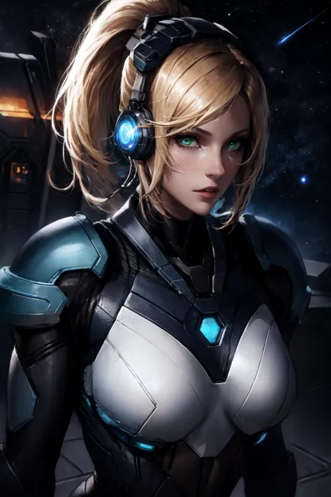 absurdres, [perfect shadows, masterpiece, attentive, high quality, detailed, extremely detailed, 4K, high definition, intricate, cinematic, 8k, ultra quality, 8K UHD,official art, illustration, 1girl, mature female, aged_up, solo, (upper-body:1.3), looks at the viewer, starcraft, nova starcraft, nova, <lora:NovaV2:0.5>,  NovaV2, armor, headphones, weapon, large breasts, green eyes, star \(sky\), blonde hair, Planets in the Sky, stars background, space, (starcraft_nova), (Star Craft), stars, space, closed mouth, emotionless, <lora:midjourney_20230624181825:0.2>, midjourney, desert planet, stars, battlefield,  <lora:LowRA:0.2>, night, dark, shadow on face, cinematic scene, arms behind back, long hair, starcraft nova, ponytail