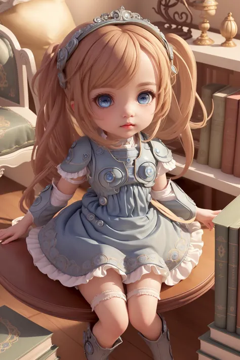 (masterpiece, best quality:1.2),  chibi, cute,  a girl, starcraft_nova, (inquisitive eyes), (detailed eyes:1.2), looking at viewer, in a big girl's bedroom,  rococo design, frilled dress,  arms behind back, books on shelves, <lora:blindbox_V1Mix:1>,  <lora:starcraft_nova:1>,