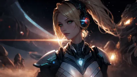 absurdres, [perfect shadows, masterpiece, attentive, high quality, detailed, extremely detailed, 4K, high definition, intricate, cinematic, 8k, ultra quality, 8K UHD,official art, illustration, 1girl, mature female, aged_up, solo, (upper-body:1.3), looks at the viewer, starcraft, nova starcraft, nova, <lora:NovaV2:0.5>,  NovaV2, armor, headphones, weapon, large breasts, green eyes, star \(sky\), blonde hair, Planets in the Sky, (starcraft_nova), (Star Craft), stars, desert planet, closed mouth, emotionless, <lora:midjourney_20230624181825:0.2>, midjourney, desert planet, stars, battlefield,  <lora:LowRA:0.2>, night, dark, shadow on face, cinematic scene, arms behind back, long hair, starcraft nova, ponytail