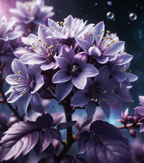 lilac crystal, flower locked inside, space, lilac pollen, cinematic, 4k.blur, Mysterious, hyper detailed, trending on artstation...