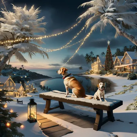<lora:start:1> digital art of  island with a dog bench with christmas lights  covered in cream  oscars