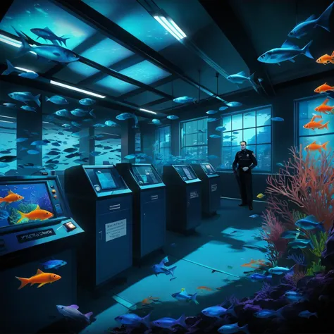 <lora:start:1> digital art of  police station with a school of fish  eclectic plasma glow  bafta