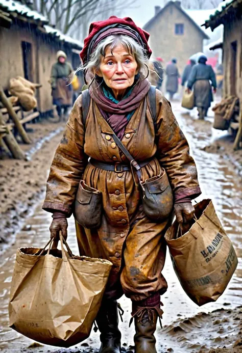 Super quality, masterpiece, absurdres, old granny in dirty peasant clothes, dirty skin, dirty face, dirty peasant boots, mud on ...
