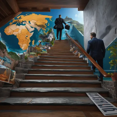 <lora:start:1> a 3d rendering of  the continent with whats up doc  on the stairs  big time