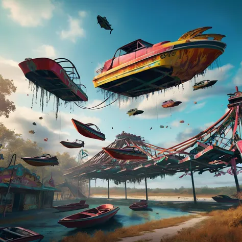 <lora:start:1> digital art of  a abandoned amusement park ride with speedboats  falling from the sky  big time
