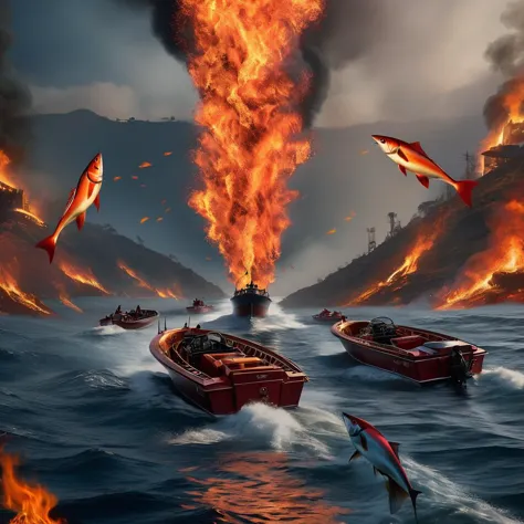 there are many boats in the water with a lot of flames