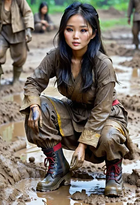 araffe woman crouching in mud with boots on in muddy area