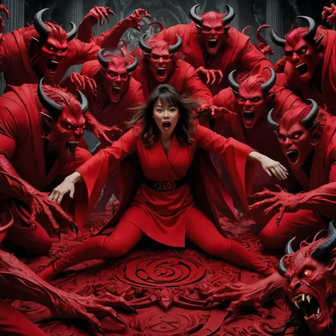 a woman in red dress surrounded by devil heads and demon hands