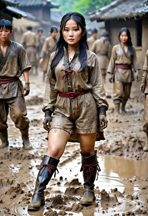 Super quality, masterpiece, absurdres, asian woman in dirty asian clothes, dirty skin, dirty face, dirty peasant boots, dark hai...