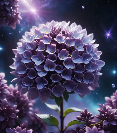 lilac crystal, flower locked inside, space, lilac pollen, cinematic, 4k.blur, Mysterious, hyper detailed, trending on artstation...