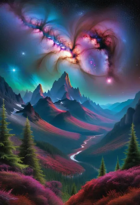 Beneath a velvet sky, iridescent nebulas swirl in a cosmic ballet, stars twinkling like ancient secrets. Majestic mountains rise...