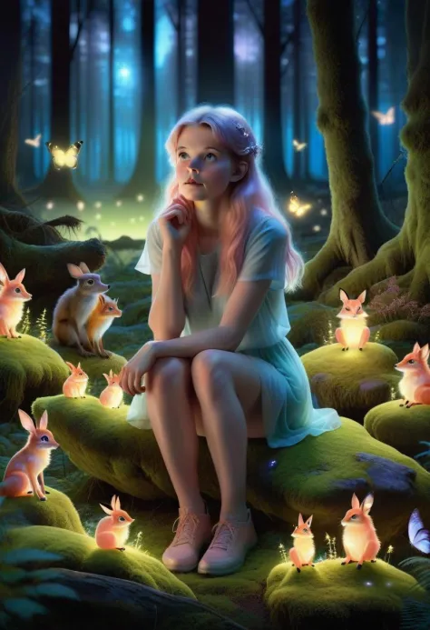 Enchanted forest glade at twilight, a young woman with a gentle aura of pastel-hued magic, sitting on a moss-covered rock, surro...