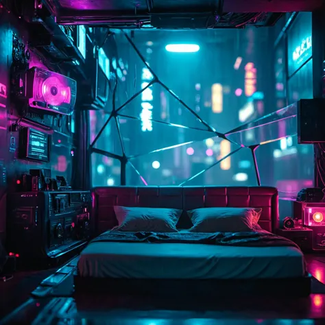 cinematic photo a  cool cyberpunk bedroom interior, <lora:CyberpunkMJXL:0.75> . 35mm photograph, film, bokeh, professional, 4k, highly detailed