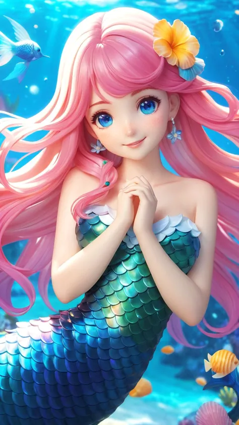 masterpiece,best quality,8K,pencil skirt,official art,ultra high res,1girl,mermaid,solo,pink hair,flower,blue eyes,hair ornament,shell,hair flower,smile,freckles,looking at viewer,own hands together,long hair,