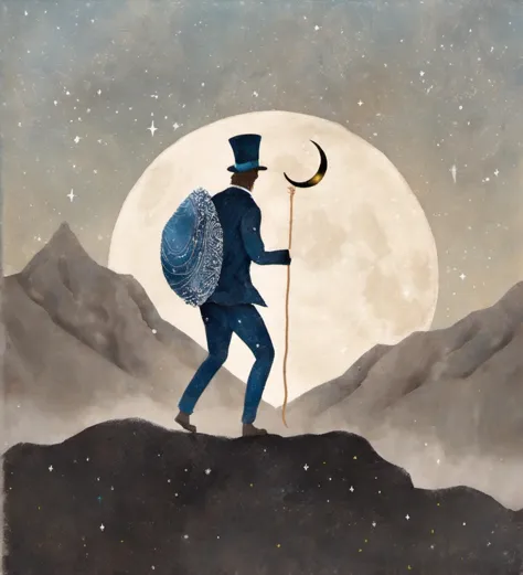 painting of a man with a hat and a cane walking on a hill