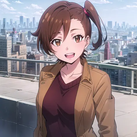 best quality, (masterpiece:1.2), highly detailed, outdoors, city,
1girl, <lora:chara_GATEJietai_KuribayashiShino_v1:0.8>, kuribayashi shino, 
laying, smile, open mouth, looking at viewer, standing,
brown eyes, brown hair, short hair, side ponytail, brown jacket, red sweater, jeans