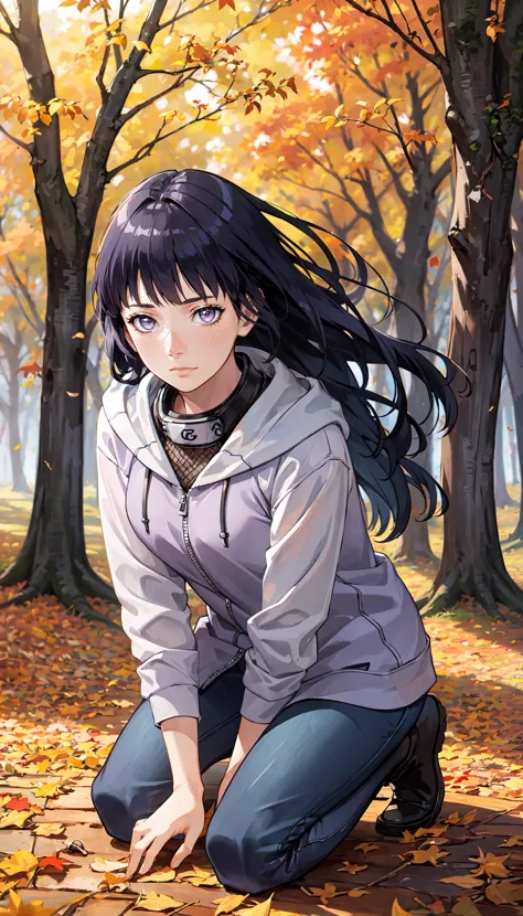 anime girl kneeling down in the leaves in a park