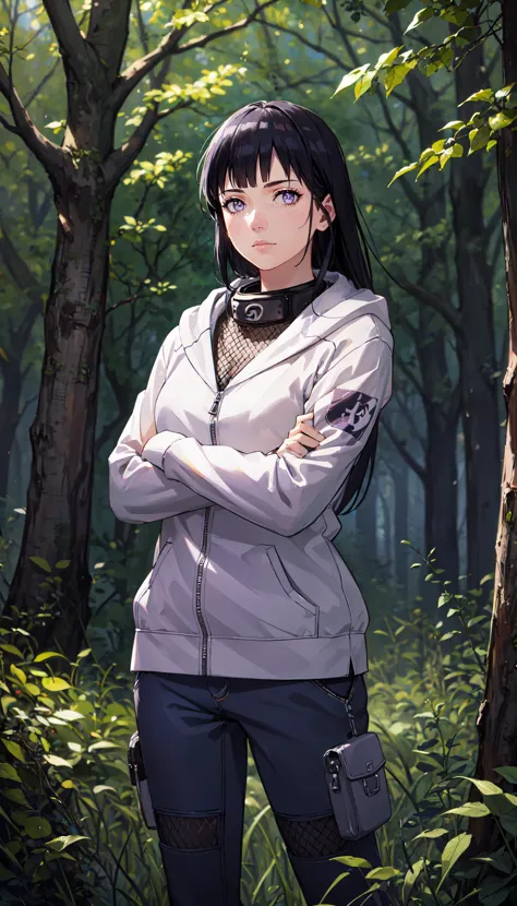 anime girl in a forest with her arms crossed