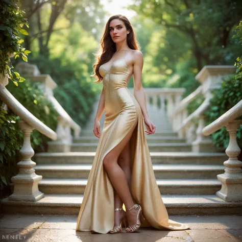 a woman in a gold dress standing on a set of stairs