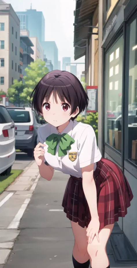 masterpiece, best quality, highres, BREAK
,embarrassed,classical convenience storefront daytime, , mid-century modern theme, , , leaning forward,looking at viewer, ,BREAK, 
<lora:kumin:0.8>, kumin tsuyuri, school uniform, short sleeves, plaid skirt
,