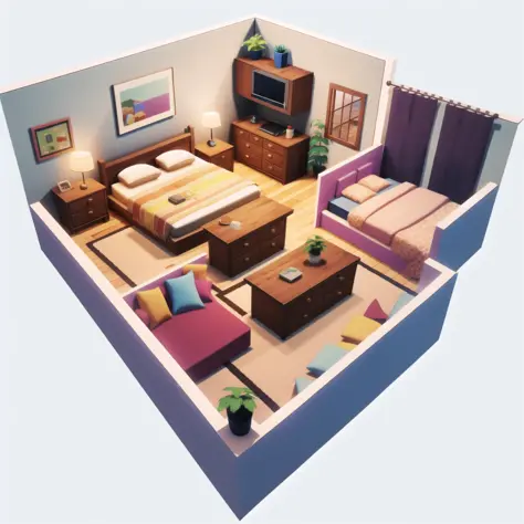 Isometric view of a bedroom like the sims, simlish, 3d model, cottagecore, sim, cozy, blueprint, game concept  <lora:epiNoiseoffset_v2:0.5>