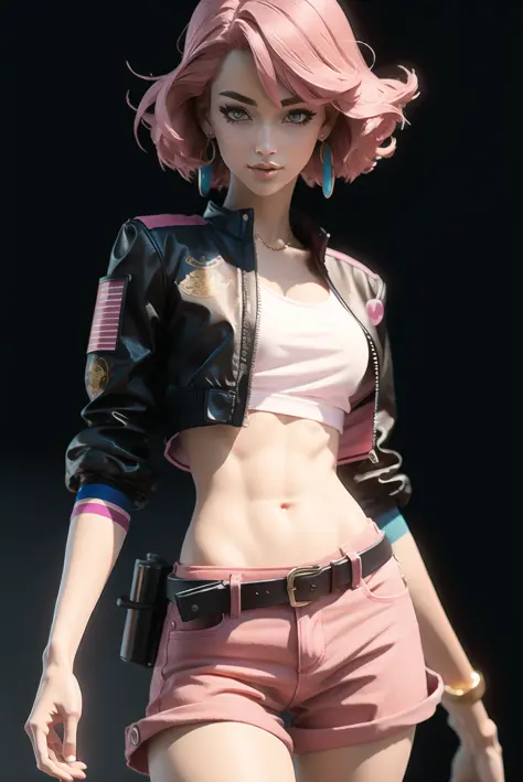 up front view, delicate colorful 3D model of anime girl,1girl, belt, blurry,  crop_top, earrings, hair_between_eyes, jacket, jewelry, looking_at_viewer, midriff, navel, pink_hair, realistic, solo, fantasy model, realistic, sharp details, intricate details,...