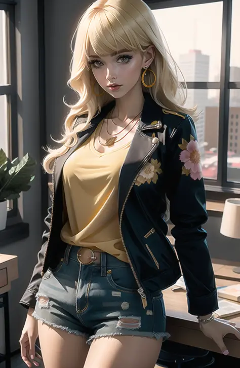 anime girl, 1girl, cute, bangs, blonde_hair, cowboy_shot, earrings, floral_print, jacket, jewelry, looking_at_viewer, necklace, shirt, Long_hair, shorts, solo, yellow_jacket, yellow_shirt, detail eyes,  fantasy model, realistic, sharp details, intricate details, ultra-realistic,digitally enhanced,3d reference , 8k resolution, unapologetic grit, overexposure,sharp focus , UHD, 8K <lora:a_fantasy_color_LORA:0.5>