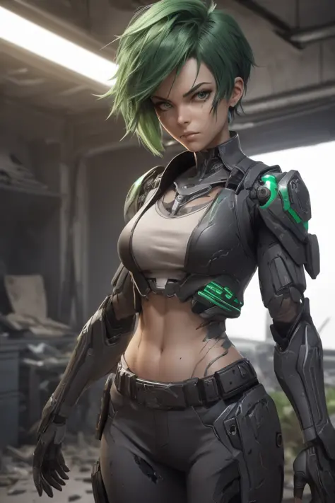 3D model, woman cyborg, green hair short hair, wearing broken black and gray Bio Hybrid Power suit, at cluttered and messy shack...