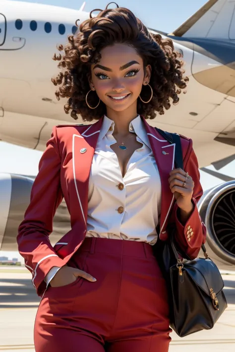 (masterpiece, best quality:1.4), ultra-detailed, finely detailed, intricate details, smooth lighting, (depth of field, cowboy shot), realistic, perfect female form, flirty, teasing, stewardess, standing, (perfect face, detailed face), pink lips, glossy lip...