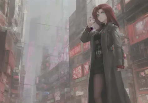 Kanji, masterpiece, best quality, Red Hair {{Atomicpunk CyberFantasy}}, {the Heavenly host}, {{strong cyberpunk-Hacker woman}}, (BIG Energy Portal), Jewel-like eyes,black ribbon,glowing green eyes,oversized intricate armor dress,{floating trenchcoat}, {{{Anime}}}