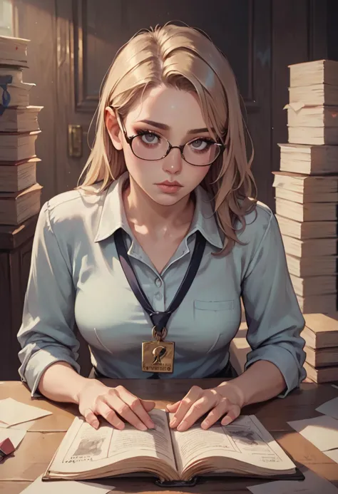 (score_9, score_8_up, score_7_up), detailed, realistic  professional woman looks up from her papers at the viewer, annoyed, glasses, interrupted reading, stack of papers.