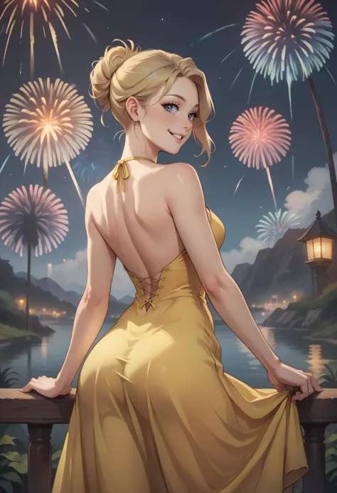 a woman in a yellow dress sitting on a railing looking at fireworks