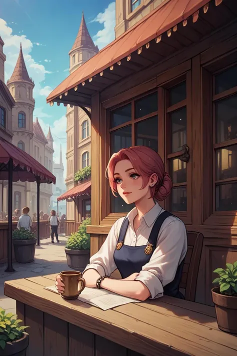 anime girl sitting at a table with a cup of coffee