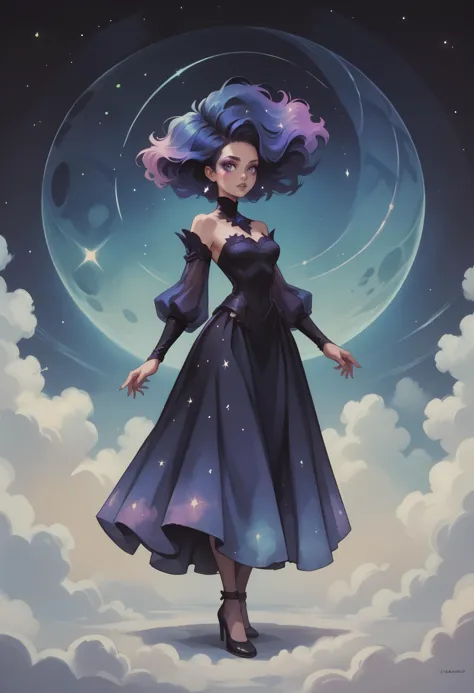 a woman in a dress standing on a cloud with a full moon in the background