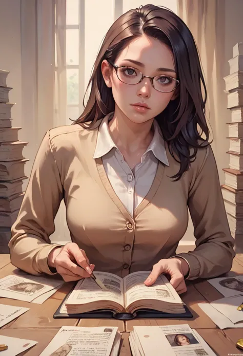 anime girl with glasses reading a book in front of a pile of books