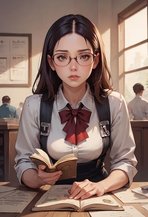 anime girl reading a book in a classroom with a desk and windows