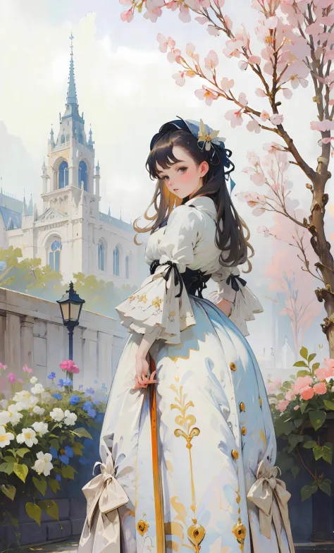 (chef-d&#39;œuvre, qualité supérieure, Meilleure qualité, art officiel, beau et esthétique:1.2), 1fille, cheveux longs et raides noirs, seulement, debout dans le jardin, regarder le spectateur, Lolita blanche_robe,