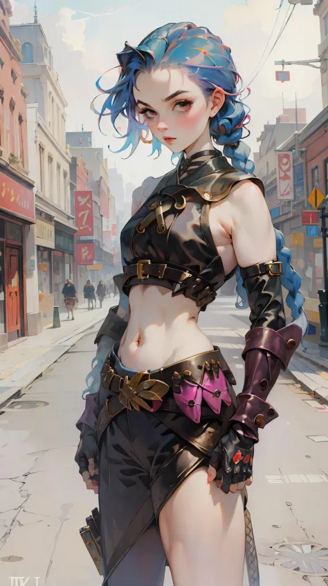 JinxLol,mature female,1girl, solo,looking at viewer, navel, gloves, fingerless gloves, character name, midriff, bare shoulders, ...