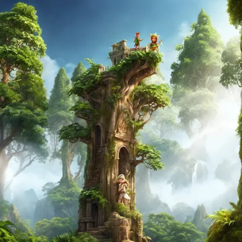 HDR photo of A, cute, elf explorer that has a eager, ear to ear grin. The elf Is wearing exploration clothes. Fully body view, facing the camera, standing on a stone steps lined with tropical trees and vines. The steps go up a gentle hill to ancient ruins directly behind the elf. The ruins are in a tropical jungle.A sunny day, Sun light visible through tree tops,.<lora:add_detail:0.8> <lora:add_saturation:0.8> Photorealistic,Ultra-detail,(highres:1.1),best quality,(masterpiece:1.3) ultra hd, realistic, vivid colors, highly detailed, UHD drawing, pen and ink, perfect composition, beautiful detailed intricate insanely detailed octane render trending on artstation, 8k artistic photography, photorealistic concept art, soft natural volumetric cinematic perfect light . digital artwork, illustrative, painterly, matte painting, highly detailed . High dynamic range, vivid, rich details, clear shadows and highlights, realistic, intense, enhanced contrast, highly detailed