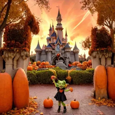 jung, female Kobold, Sehr glücklich, bekloppt, Kobold, lächelnd(Freude:0.6). In einem Halloween-Kostüm vor geschnitzten Kürbissen stehend. Im Hintergrund Disneyland, für Halloween geschmückt, das magische Königreich in der Nähe, umgeben von Grabsteinen, Feen im Himmel, gruseliger Himmel, beschwingt, bunt.