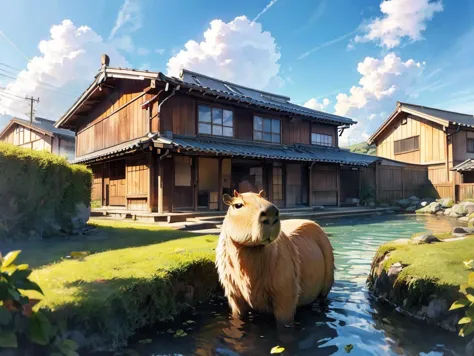 there is a horse standing in a pond in front of a house