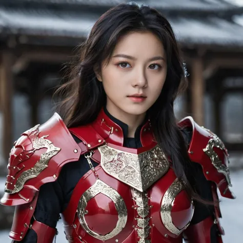 a close up of a woman in a red armor outfit