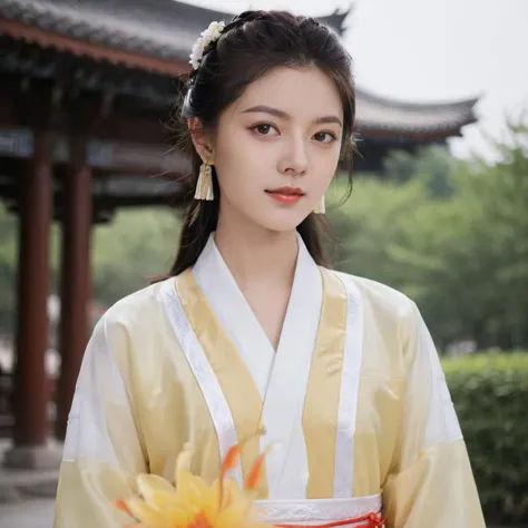 a close up of a woman in a yellow and white dress holding a flower