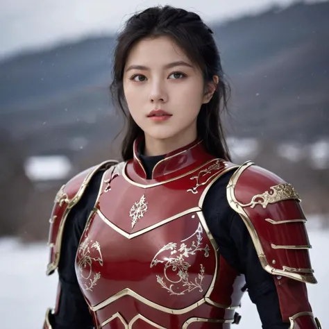 a woman in a red and gold armor poses for a picture