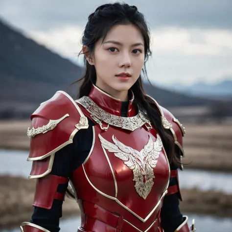 a woman in a red and gold armor standing next to a river