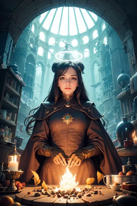 1 girl, adult  woman,  teal eyes, dark brown bun hair,
(Style-SwampMagic:0.4), portrait,  looking down, solo, (full body:0.6), detailed background, (victorian theme:1.1) glowing eyes, gentle smile, gentle, serene, light fantasy, cleric, casting healing spell,   sunshine, floating pebbles, arms raised, yellow clothes, gloves, magic incense, divine spell, mana, bright realistic lighting, fairytale village in background,   halo above head,
<lora:grullborgCopycat_grullborgStyleR8V4:0.3>,